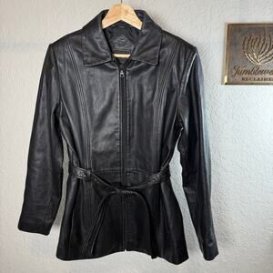 Women's Outbrook Black 100% Leather Zip Front Tie Waist Coat Size Small